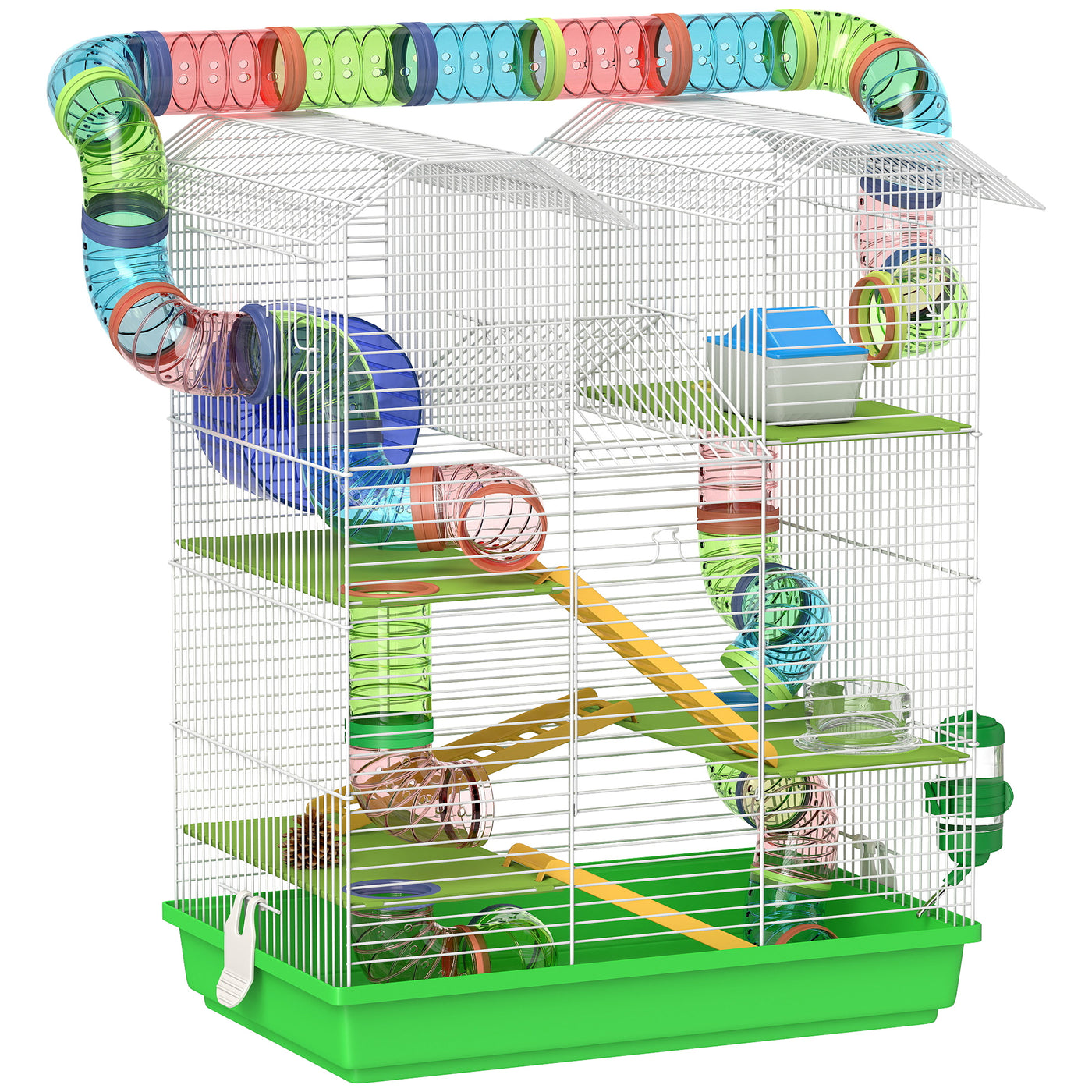 Cage pour hamster souris petit animaux rongeur avec tunnel mangeoire roue jouet 47 x 30 x 59 cm vert