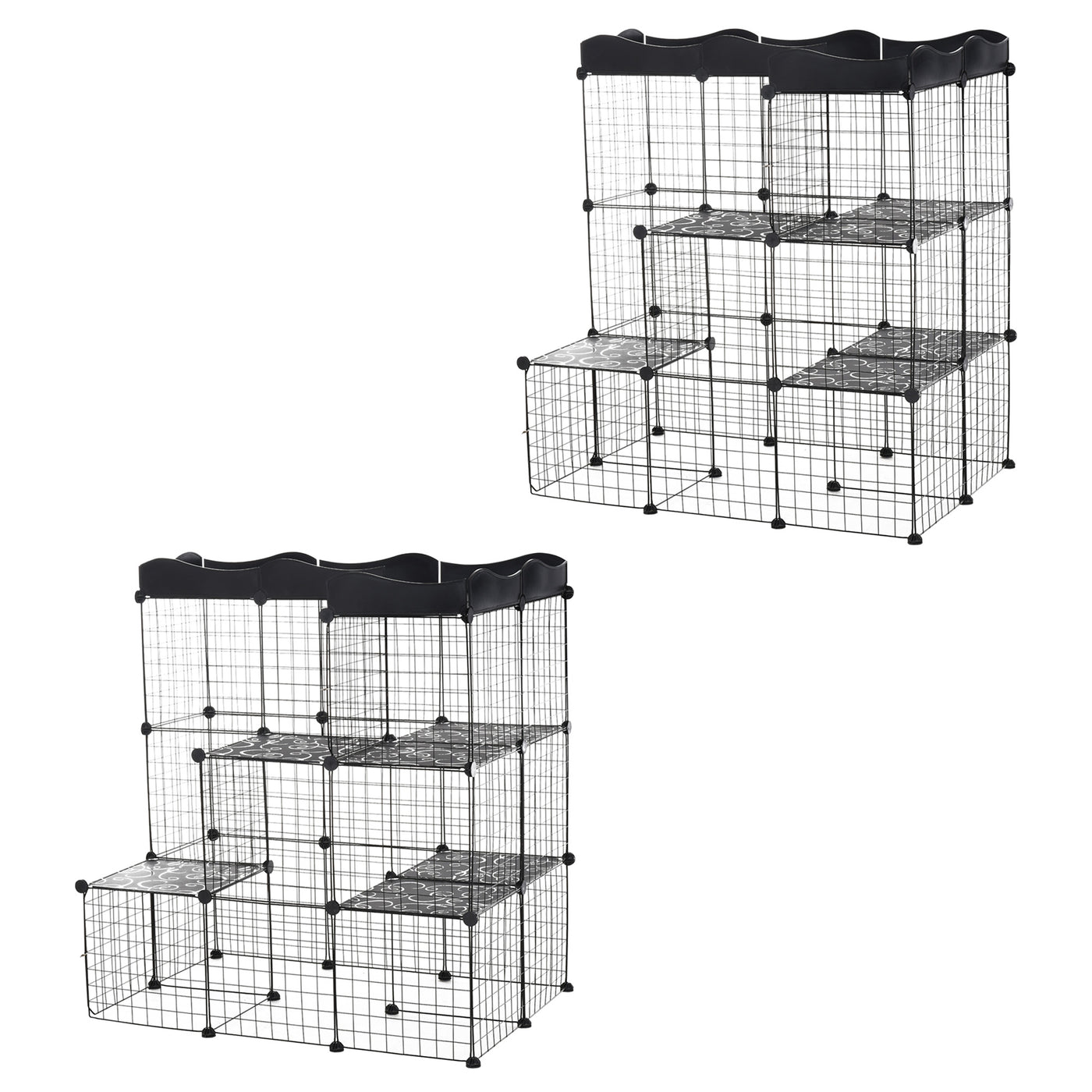 Lot de 2 cages parc enclos pour petits animaux chats visons modulable 3 niveaux 2 portes rampe fil métallique noir